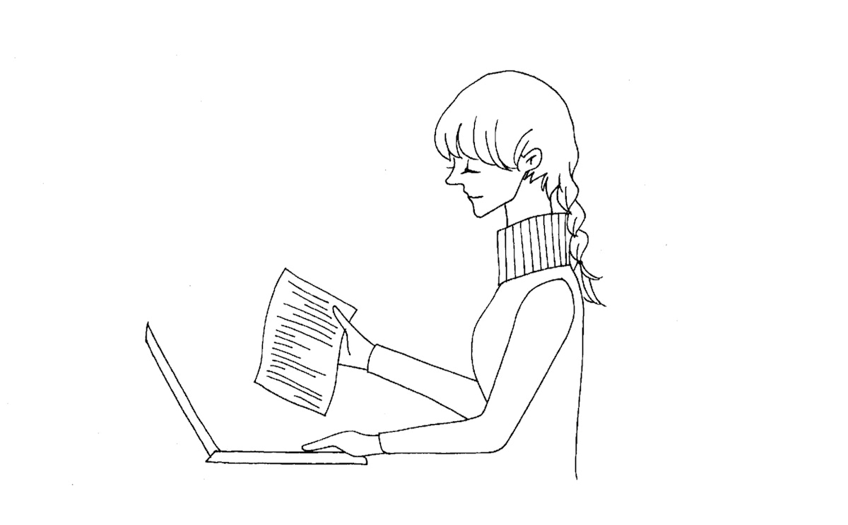 イラスト：パソコンを使って勉強している女性を横から見た絵