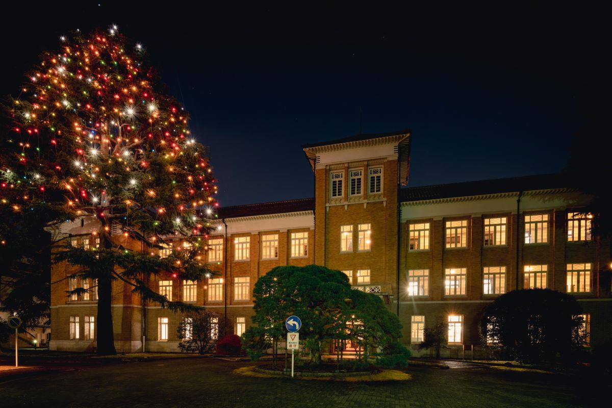 写真：イルミネーション（1）正門付近に立ち、やや左斜めを向いて本館とクリスマスツリーを撮影している。夜のため空は濃紺で、本館の窓からの光とツリーの電飾がよく映えている。